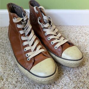 Men's Brown High-Top Leather Sneakers with Cream Accents